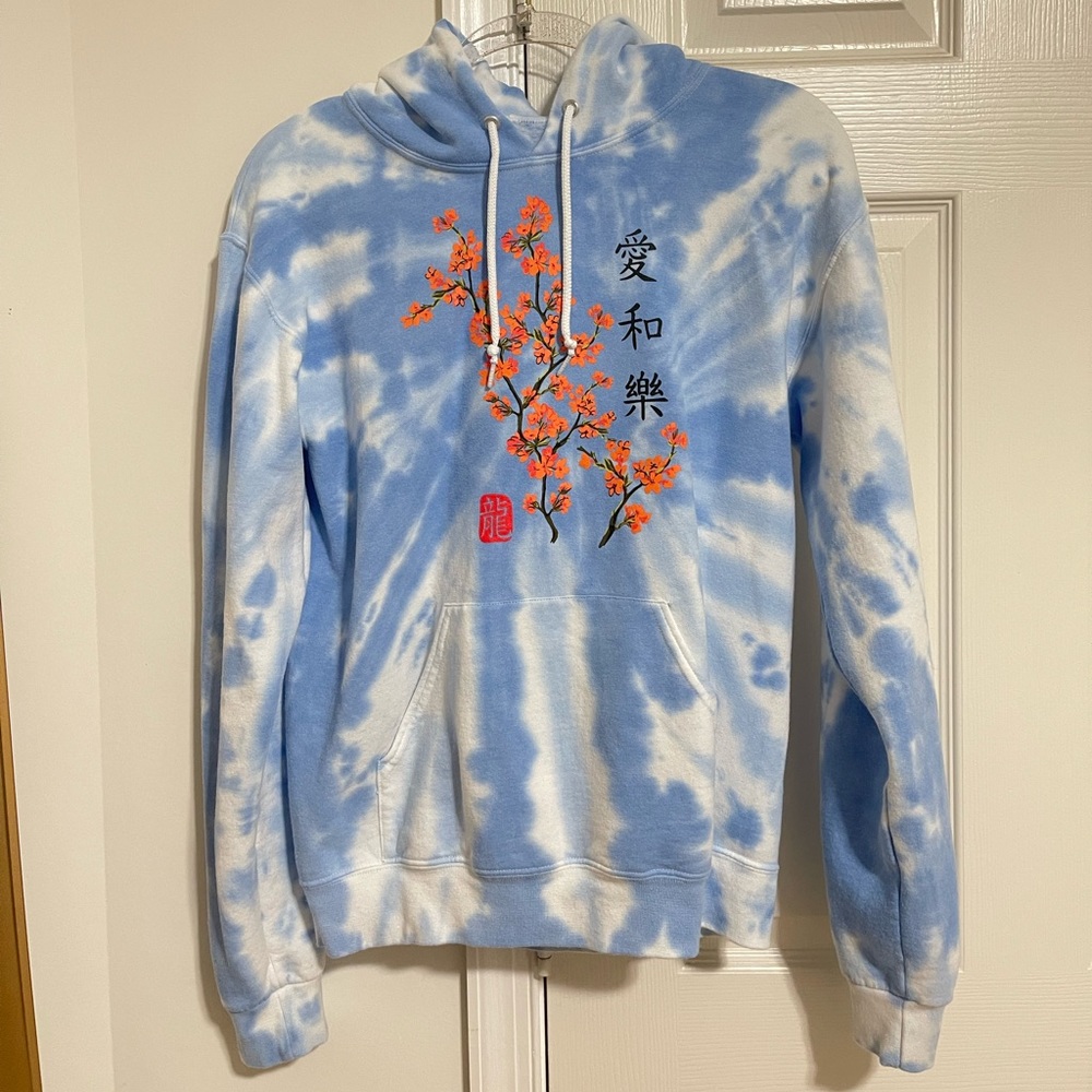 Bowery Blue and White Tie Dye Hoodie with Cherry Blossom (Used)